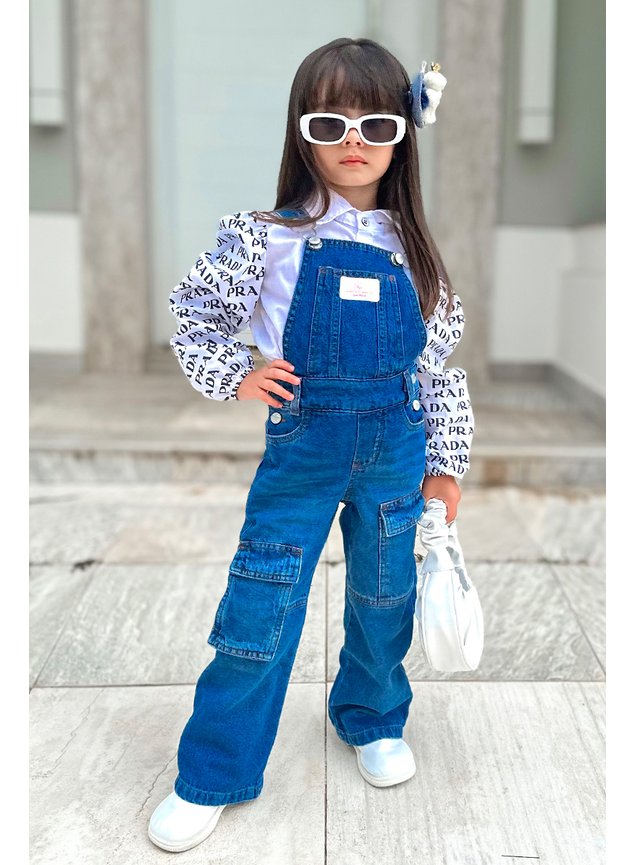 Jardineira Jeans Infantil Menina Wide Cargo Sun Place Estilo e - Main Image